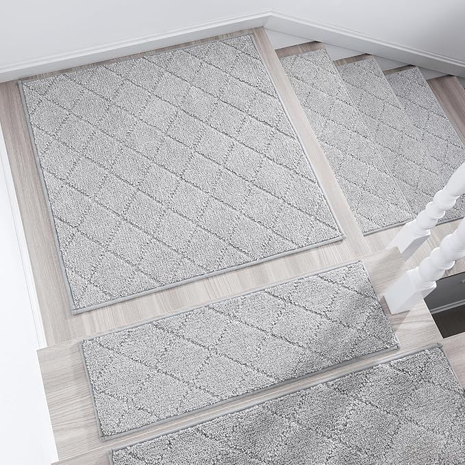 COSY HOMEER Edging Stair Treads Non-Slip Corner Indoor Stair Runners for Wooden Steps,Landing Slip Resistant Stair Rugs Mat for Kids and Dogs,100% Polyester TPE Backing,Grey,30x30 inch-PawvioPets