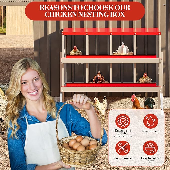 8 Hole Chicken Nesting Box with Roll Out Egg Tray, Rustproof & Ventilated Chicken Laying Boxes for Hens, Chickens, Ducks | Easy-Clean Poultry Coop Accessories, Red with Stand-PawvioPets