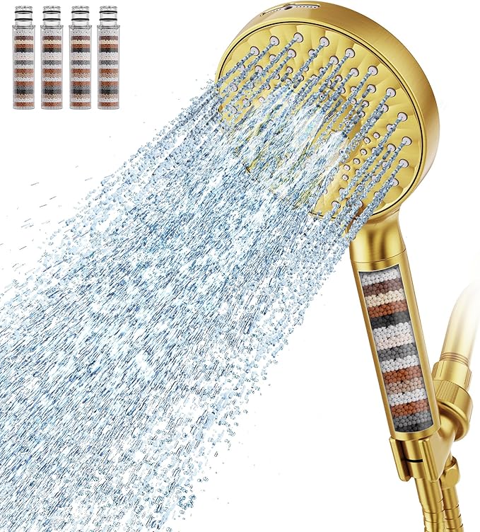 Filtered Shower Head with Handheld, High Pressure 9 Spray Mode Brushed Gold Showerhead with 4 Filters, Detachable Shower Head, Water Softener Filters Beads for Hard Water - Remove Chlorine-PawvioPets