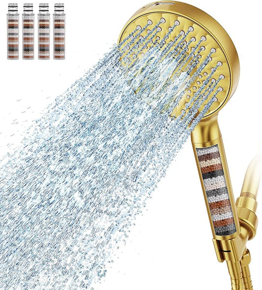 Filtered Shower Head with Handheld, High Pressure 9 Spray Mode Brushed Gold Showerhead with 4 Filters, Detachable Shower Head, Water Softener Filters Beads for Hard Water - Remove Chlorine-PawvioPets