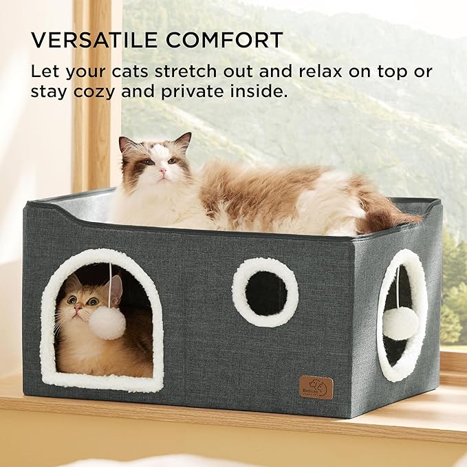 Bedsure Large Cat Beds for Indoor Cats - Extra Wide Cat Cube House for Small Pet with Fluffy Ball Hanging and Scratch Pad, Foldable Pet Cave Hideaway for Multiple Cats, 23.6x16.9x13 inches, Dark Grey-PawvioPets