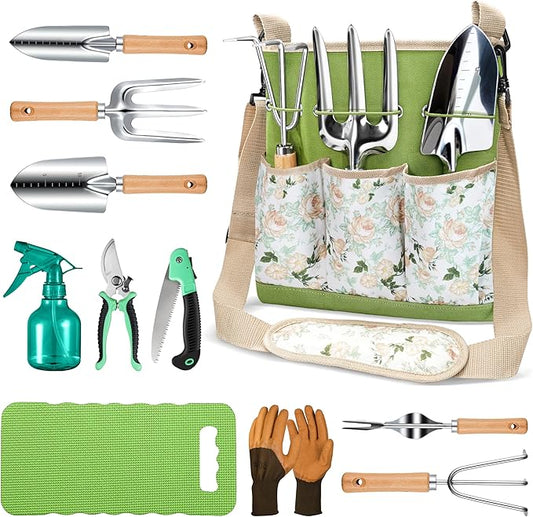 All-in-One Garden Tool Set, 11-Piece Heavy Duty Gardening Tools with Ergonomic Canvas Shoulder Crossbody Bag, Rust-Proof Premium Garden Tool Kit, Gardening Gift for Women Men, Green, GR003-PawvioPets