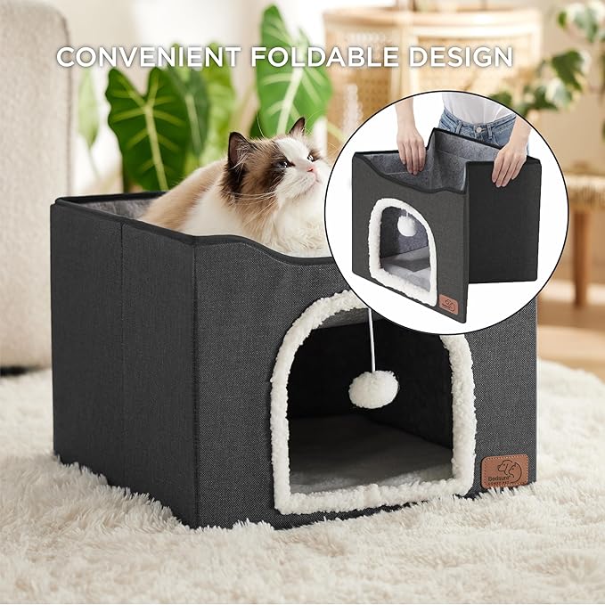 Bedsure Cat Beds for Indoor Cats - Large Cat Cave for Pet Cat House with Fluffy Ball Hanging and Scratch Pad, Foldable Cat Hideaway, 16.5x16.5x13 inches, Dark Grey-PawvioPets