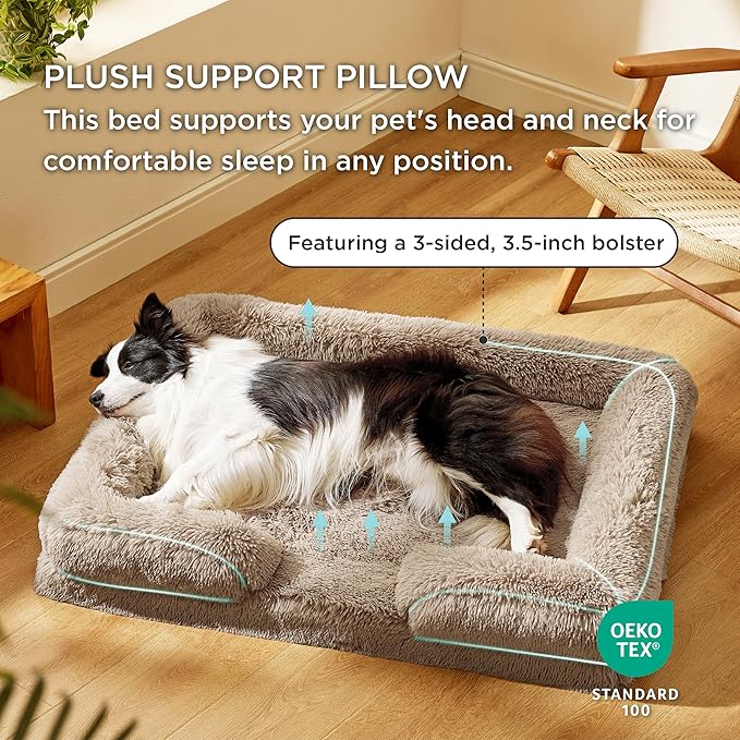 Bedsure Orthopedic Dog Beds Large Sized Dog - Washable Large Dog Cat Bed Waterproof, Comfort Dogs Couch Sofa with Washable Removable Cover, Pet Bed with Nonskid Bottom, Long Faux Fur-Taupe, 35"-PawvioPets