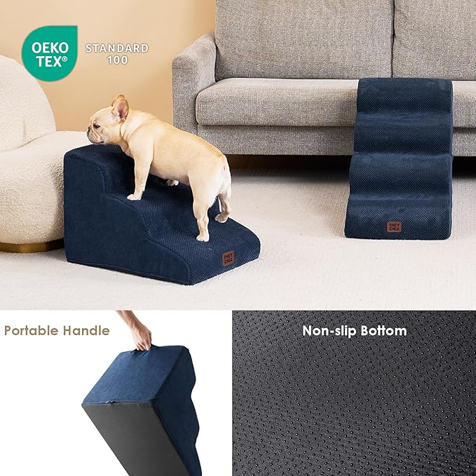 EHEYCIGA Curved Dog Stairs Ramp for Small Dogs 15.7" H, 3-Step Dog Steps for Couch Sofa and Chair, Pet Stairs for Cats, Non-Slip Balanced Pet Steps Indoor, Navy-PawvioPets