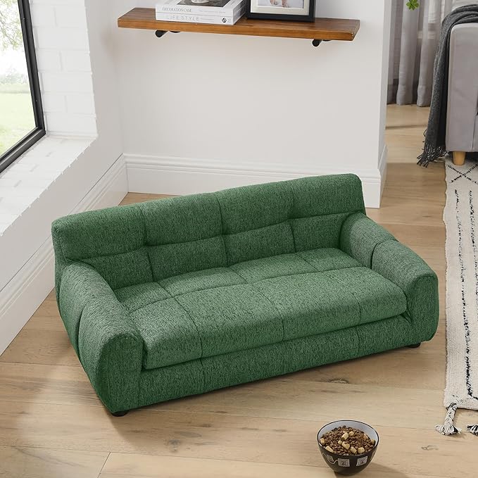 Dog Couch Bed, Mini Sofa for Dogs with Backrest and Armrest, Durable Pet Sofa with Soft Foam Cushion, Elevated Dog Couch Bed with Legs for Medium and Large Dogs, Emerald Green-PawvioPets