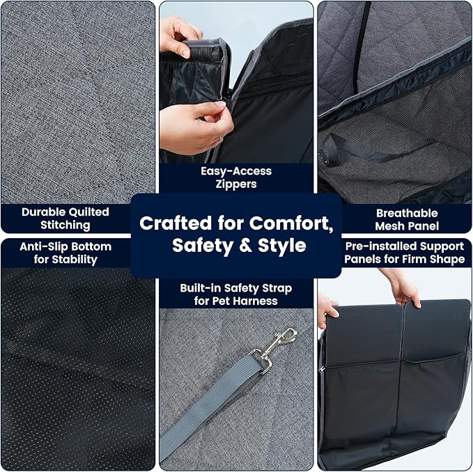 Dog Car Seat for Small/Medium Dogs with Door Protection – Full Coverage Pet Booster Seat with Mesh Window, Zippered Side Flaps, Safety Buckle, Grey Linen Fabric-PawvioPets