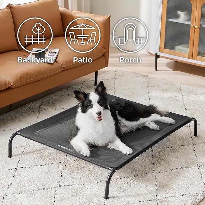 Bedsure Outdoor Elevated Dog Bed Large Sized Dog, Portable Indoor & Outdoor Cooling Raised Cot Pet Hammock Bed with Skid-Resistant Feet, Frame with Breathable Mesh, Black, 49 inches-PawvioPets