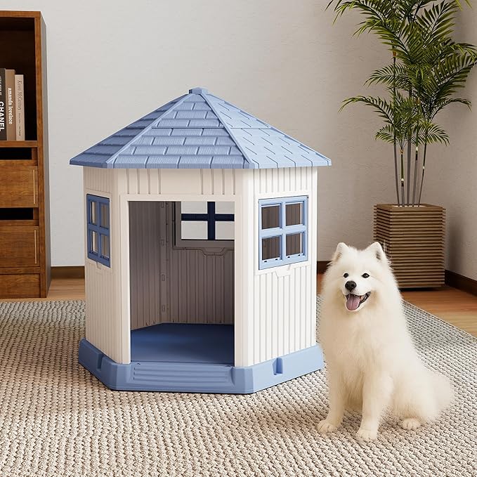 DRATO Dog House Indoor Outdoor Durable Large Dog Shelter with Outside Dog Kennel with Window and Elevated Floor for Small Medium Dogs (Blue, 34.8 * 30.51 * 36.89)-PawvioPets