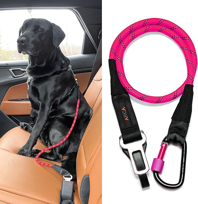 Dog Seat Belt for Car | Universal Dog Car Seatbelt | Durable Reflective Rope with Clip Hook Latch, Buckle and Carabiner- Safe and Secure Pet Safety Restraint (Pink)-PawvioPets