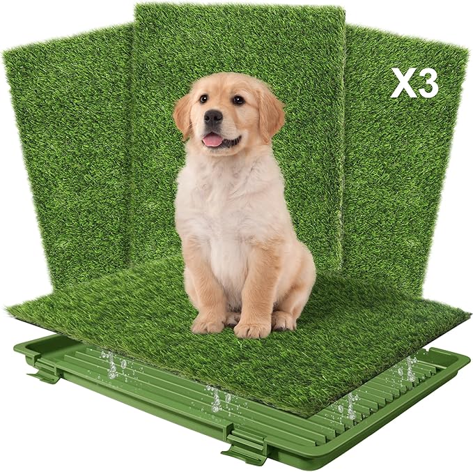 Dog Grass Pad with Tray: 3 Pack Grass Pee Pads for Dogs Potty for Puppy Training, Artificial Turf for Dogs with Collection Tray for Indoor /Outdoor /Patio /Balcony, 22"x18" Green-PawvioPets