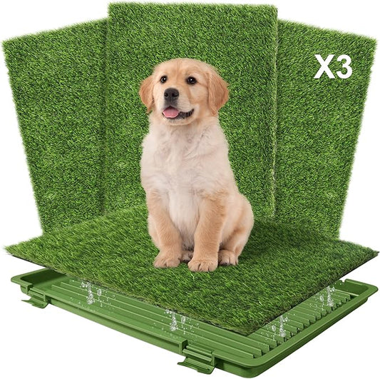 Dog Grass Pad with Tray: 3 Pack Grass Pee Pads for Dogs Potty for Puppy Training, Artificial Turf for Dogs with Collection Tray for Indoor /Outdoor /Patio /Balcony, 22"x18" Green-PawvioPets