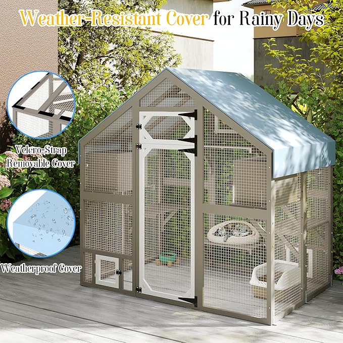 Cat Catio Outdoor Enclosure for Multiple Cats, Large Wooden Walk-in Cat House with Window Connection, 2 Condos, Platforms, Doors, and Weatherproof Roof Cover (69.5" L x 47" W x 71" H)-PawvioPets
