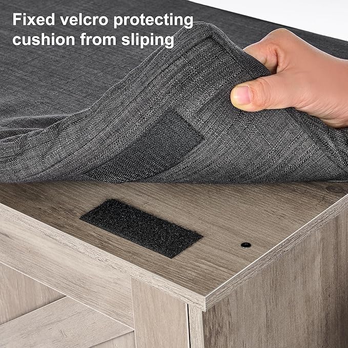 2-Tier Storage Bench, Shoe Bench with Padded Seat Cushion, Entryway Bench with 2 Barn Doors, Adjustable Shelf, 13.8" D x 39.4" W x 17.7" H, for Entryway, Living Room, Bedroom, Greige-PawvioPets