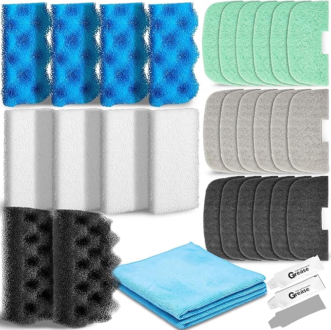 32 Pcs Aquarium Replacement Maintenance Kit Compatible with Fluval 106/107 Filter Media Including Biological Sponge, Ammonia/Phosphate/Nitrite Remover Pad, Aquarium Towel, Grease-PawvioPets
