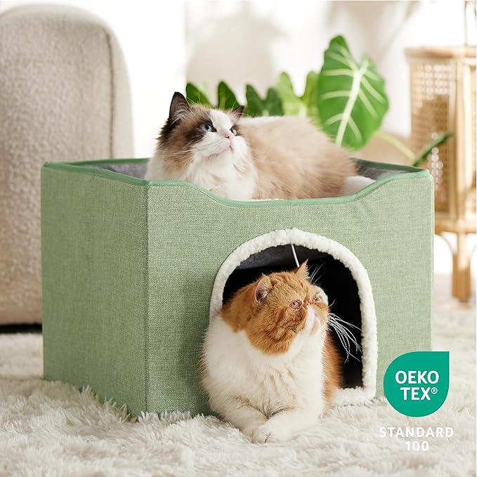 Bedsure Cat Beds for Indoor Cats - Large Cat Cave for Pet Cat House with Fluffy Ball Hanging and Scratch Pad, Foldable Cat Hideaway, 16.5x16.5x13 inches, Green-PawvioPets