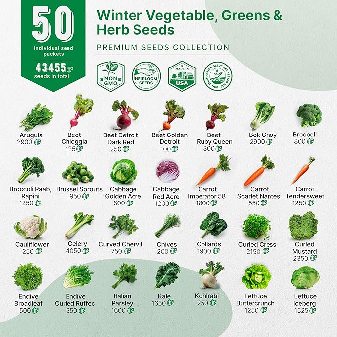 50 Winter Vegetable Garden Seeds Variety Pack - 43,450+ Non-GMO Heirloom Seeds for Outdoors & Indoor Home Gardening, Including Kohlrabi, Lettuce, Radish, Onion, Choy, Spinach, Cauliflower, Collards-PawvioPets
