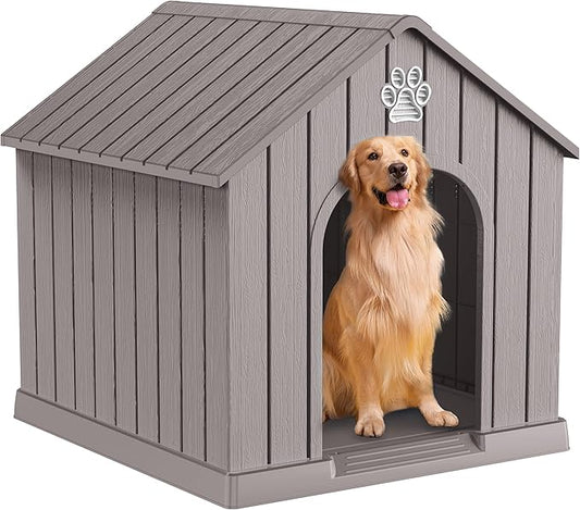 DRATO Indoor Outdoor Waterproof Dog House,PP Material,Puppy Shelter with Air Vents and Elevated Floor,Sturdy Dog Kennel for Small to Large Sized Dogs, Easy to Assemble (Gray, 38.62×36.26×38.07 Inches)-PawvioPets