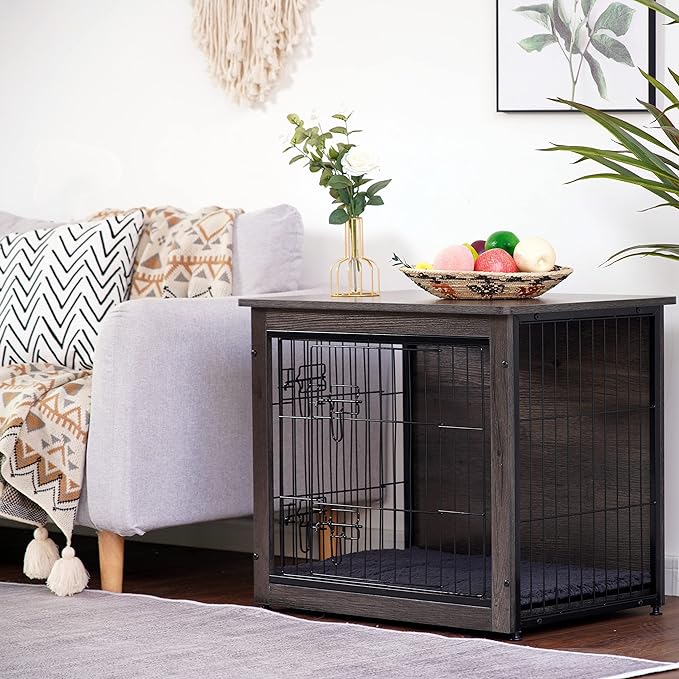 DWANTON Dog Crate Furniture with Cushion, Wooden Kennel Table with Double Doors, Indoor Dog House, Small/Medium/Large/Extra Large Size, 27.2" L, Dark Gray-PawvioPets