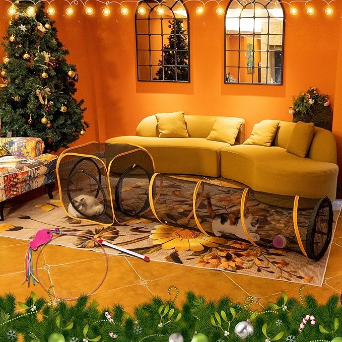 Collapsible Cat Play Tunnel + Cube with Three Ways for Indoor and Outdoor, Cat Enclosure, Tunnel and Tent Connection-PawvioPets