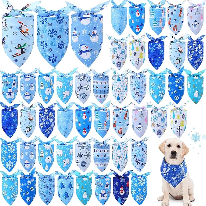 Abbylike 50 Pieces Winter Dog Bandanas Bulk Blue Snowflake Dog Bandanas for Pets Triangle Kerchief Scarf Bibs for Winter Pets Cats Party Costume Accessories (25.6 x 17.7 x 17.7)-PawvioPets