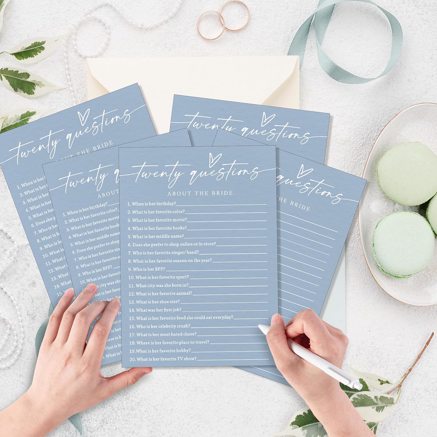 Fun Wedding Shower Games Cards, Twenty Questions About the Bride, Bridal Party Game and Favors for 25 Guests, Bridal Shower Decorations, Minimalist Blue Wedding Party Supplies - B07