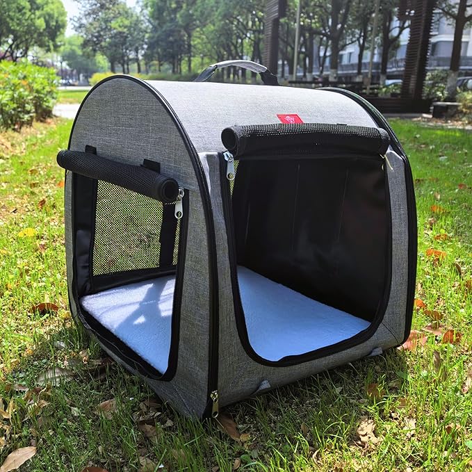 Fabric Portable Pet Kennel/Shelter, Single, Gray, 20"x20"x19.5" - Car Seat-Belt Fixture Included-PawvioPets