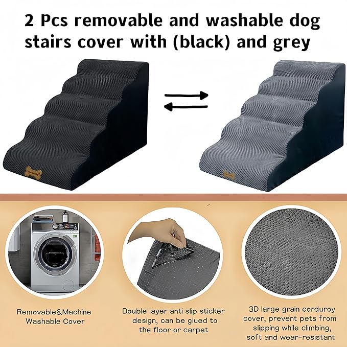 Dog Stairs & Pet Ramp for Small/Large Dogs to High Beds/Couches - 5 Steps 24-inch Height for 18-30 inch Furniture, 2 Washable Covers (Black, Grey), Non-Slip Balanced 33D Design for Old Dogs & Cats-PawvioPets
