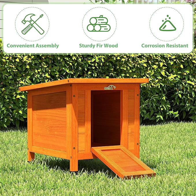 Coziwow Rabbit Hutch, Outdoor Cat House Weatherproof, Bunny Cage Indoor with Openable, Portable Small Animals Shelters with Nonslip Ramp for Hideout Rabbits/Feral Cats/Chicken/Small Animals-Orange-PawvioPets