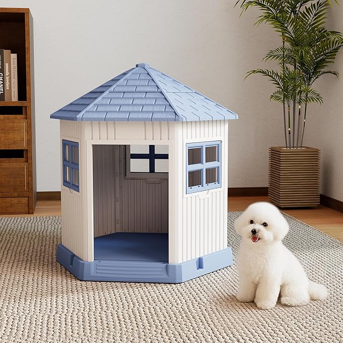 DRATO Dog House Indoor Outdoor Durable Large Dog Shelter with Outside Dog Kennel with Window and Elevated Floor for Small Medium Dogs (Blue, 34.8 * 30.51 * 36.89)-PawvioPets