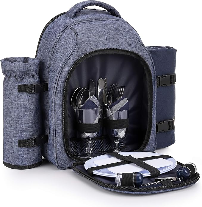 Apollo Walker Picnic Backpack Bag for 2 Person with Cooler Compartment, Detachable Bottle/Wine Holder, Fleece Blanket, Plates and Cutlery Set (2 Person, Navy)-PawvioPets