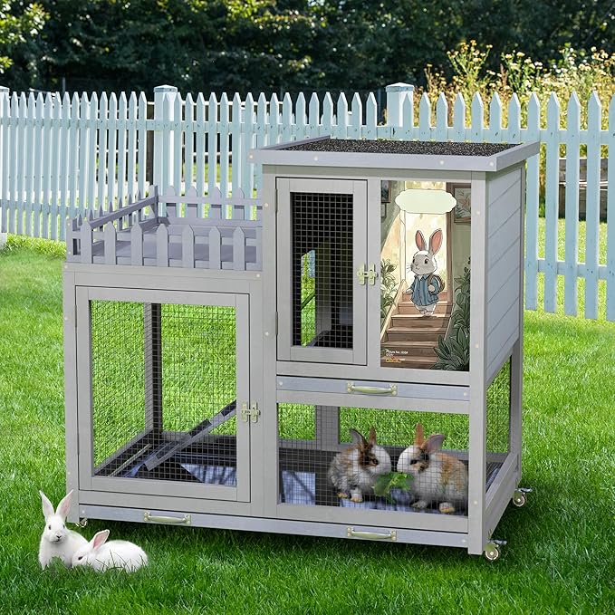 COZIWOW Double Layers Durable 38In Rabbit Hutch Indoor on Wheels, Small Animal Houses Habitat, Rolling Large Bunny Cage Outdoor with Removable Tray, Ramp, Two Story Bunny Cage（Grey with Pattern）-PawvioPets