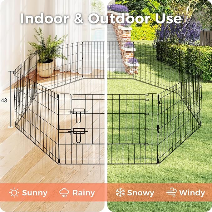 Foldable Dog Playpen 48" Height 8 Panels Metal Exercise Pen with Door - Indoor/Outdoor Dog Play Pen for Medium-Large Dogs, Portable Pet Fence for Yard Garden Camping, Black-PawvioPets