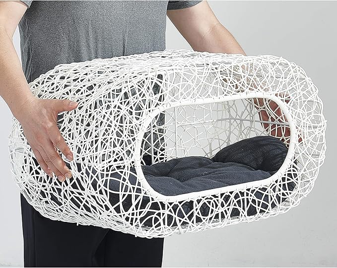 D+GARDEN Fun Stackable White Cat Condo for Indoor Cats - Interactive Play Rattan Modern Cat House for Indoor Cats Kitty, Pet Friendly Top/Side House Entry, Cat Bed Enclosed-PawvioPets