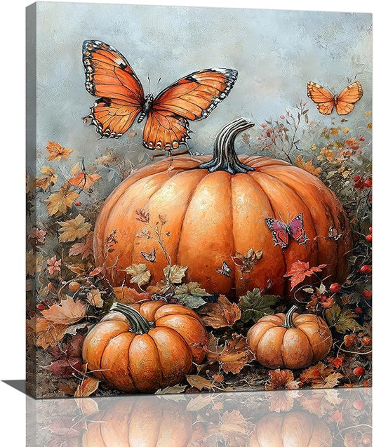 Fall Pumpkin Pictures Wall Art, Rustic Thanksgiving Bathroom Wall Decor, Farmhouse Autumn Butterfly Framed Painting Canvas Artwork for Harvest Gift Bedroom Living Room Decorations 24"L x 20"W-PawvioPets
