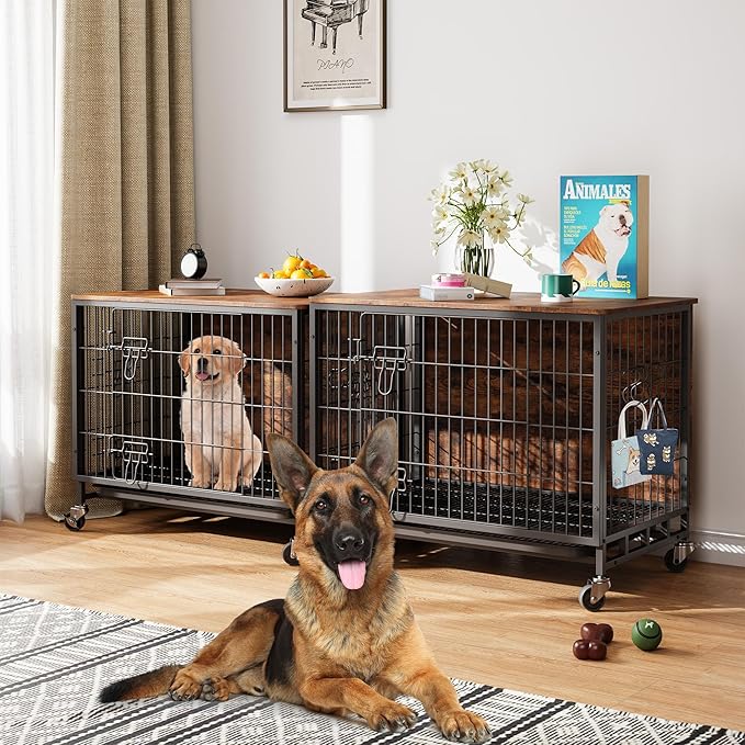 Dog Crate Furniture, 27.2" Small Dog Kennel Wooden Dog Crate with Pull-Out Tray, Double Doors, Modern End Table for Small/Medium Dogs, Grey-PawvioPets