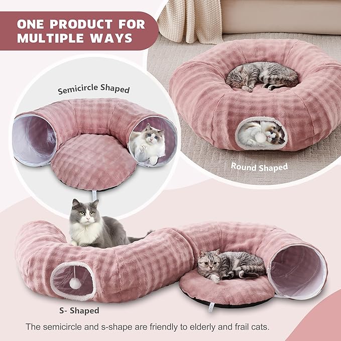 Bubble Cat Tunnel for Indoor Cats, Round Peekaboo Cave Toy with Dangling Balls, Donut Tunnel Bed with Circle Mat for Puppy Kitten Rabbit, Dusty Pink-PawvioPets