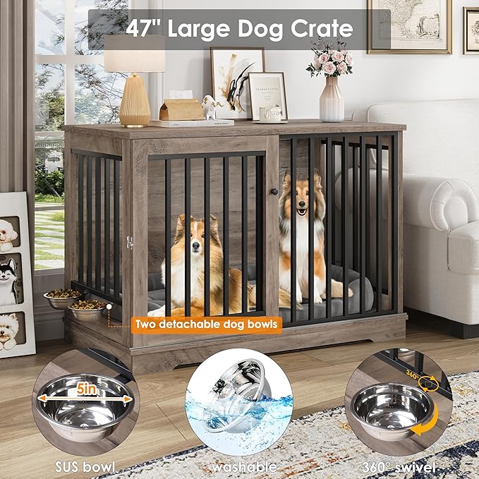 Dog Crate Furniture 47” Large Dog Kennel for Dogs Indoor, Heavy Duty Dog Cage with Sliding Door and 2 SUS Bowls Wooden End Table in Living Room for Small Medium Large Dogs, Rustic-PawvioPets