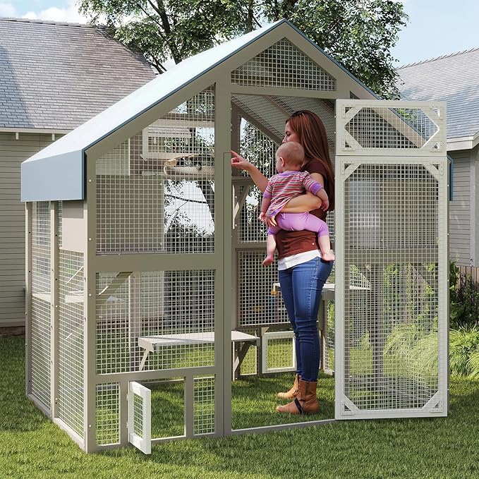 Cat Catio Outdoor Enclosure for Multiple Cats, Large Wooden Walk-in Cat House with Window Connection, 2 Condos, Platforms, Doors, and Weatherproof Roof Cover (69.5" L x 47" W x 71" H)-PawvioPets