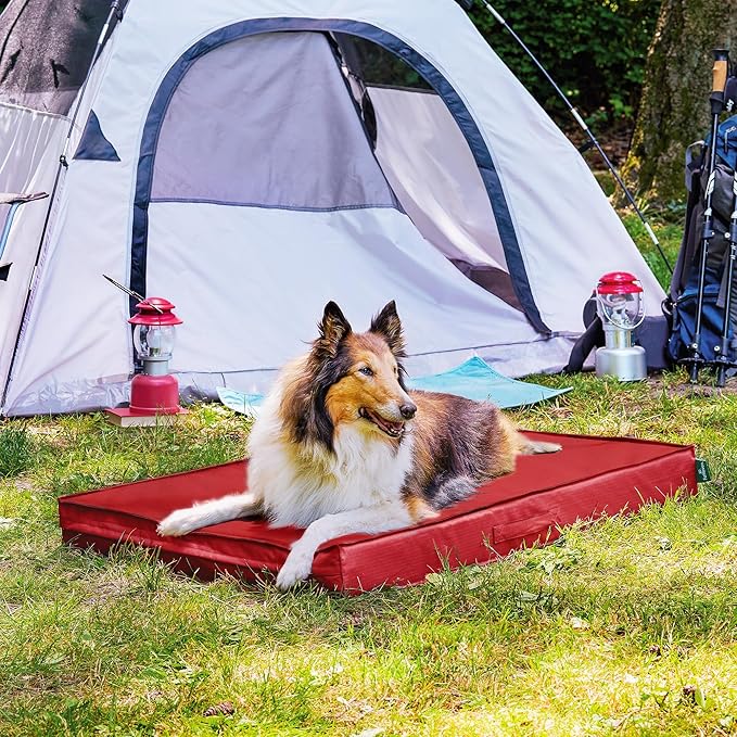 FurHaven Cooling Dog Bed – XL Foam Mattress for Joint Pain Relief, Waterproof Liner, Removable Washable Cover, Durable for Outdoor Use, Deluxe Grid Indoor/Outdoor Bed – Red, Jumbo-PawvioPets