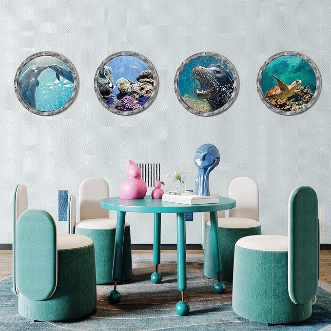 4 PCS Removable 3D Under The Sea Nature Scenery Wall Decals - Animals Wall Sticker Home Wall Art Decor for Bathroom Bedroom Door Kids Baby Nursery Room - Includes Turtles, Dolphins, Sea Lions, Coral-PawvioPets
