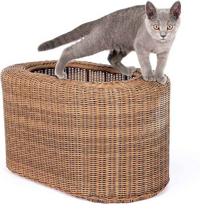 Fun Stackable Wicker Cat Hideaway House - Interactive Play Rattan Cat House for Indoor Cats Kitty, Pet Friendly Top/Side House Entry, Cat Bed Enclosed-PawvioPets