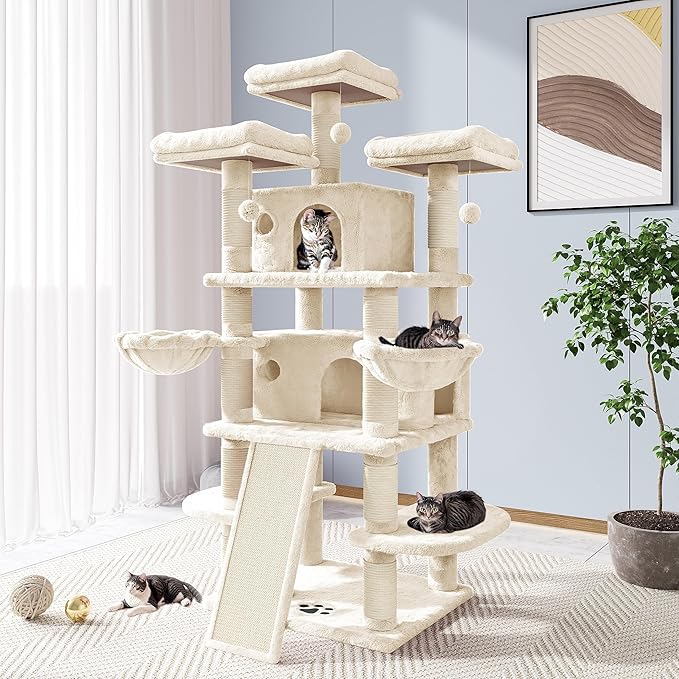 Allewie 68 Inches Cat Tree/House and Towers for Big Feline/Scratching Post/Multi-Level Large Kitty Climbing Tree with Condo/Beige-PawvioPets