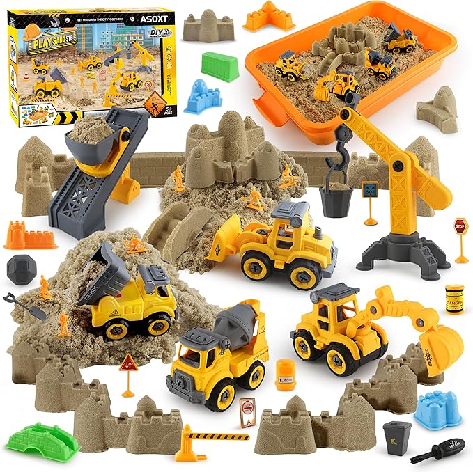 Asoxt 43-Piece Construction Sensory Playset – 2 lbs Play Sand, 4 DIY Trucks, Crane & Road Signs – Creative Sandbox Toy for Kids Ages 3+-PawvioPets