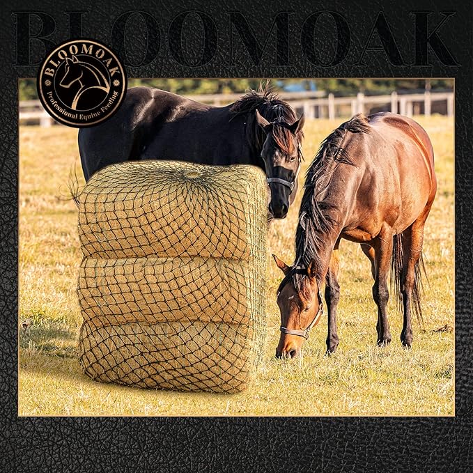 Bloomoak Slow Hay Net Feeder for Horses, Durable Soft Black PE 2/3 String Hay Bales Bags, Fit 36x18x18 to 47x25x17 Inches, Extends 50-64 Inches (3 1.6" Hole/1PC)-PawvioPets