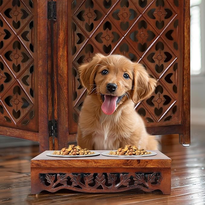 Elevated Pet Feeder for Dogs and Cats - Scroll Carved Wood Raised Dog Bowl Stand - Pet Feeding Stand with Two Steel Bowls - Raised Dog Bowl for Food and Water - Pet Feeding Station -17x11x4- IRONGATE-PawvioPets