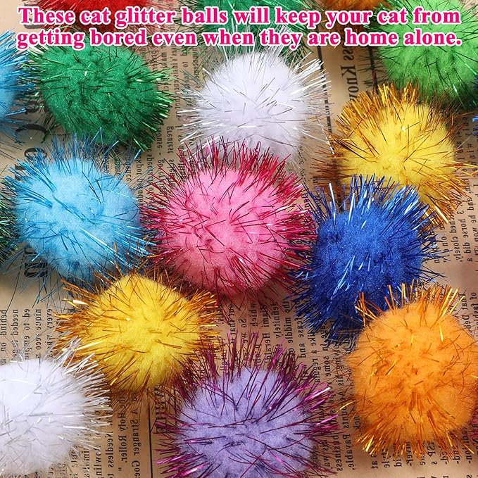 40 Pcs Pom Pom Balls for Kittens Colorful Pompom Balls for Cats Sparkle Ball for Cats Interactive Cat Toy Set for Exercise and Entertainment-PawvioPets