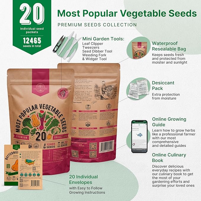 20 Vegetable Seeds Variety Pack - 12,465+ Non-GMO Heirloom Seeds for Planting Vegetables and Fruits in Individual Seed Packets, Home Garden Seed for Hydroponic, Indoor and Outdoors Gardening-PawvioPets
