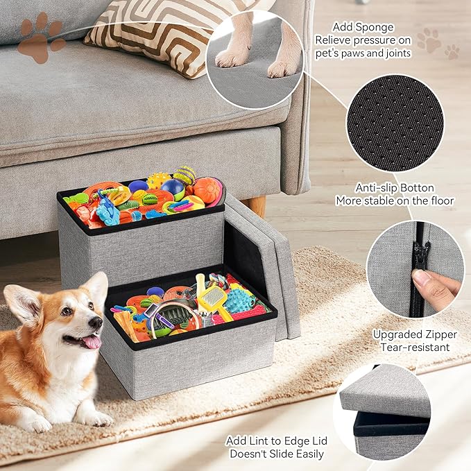 Dog Stairs with Storage 12" H, 2-Step Wider Dog Steps for Dogs Cats, Folding Sturdy Pet Stairs Climbing Sofa Couch, Ramp for Car Hold Up to 150 lbs (Gray, No Condo)-PawvioPets