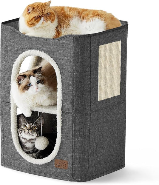 Bedsure 2 Story Cat House - Cat Condos for Indoor Cats with Scratch Pad and Fluffy Ball Hanging, Small Pet Cave Furniture Hideaway for Multi Pets, 18x14x23 inches, Dark Grey-PawvioPets